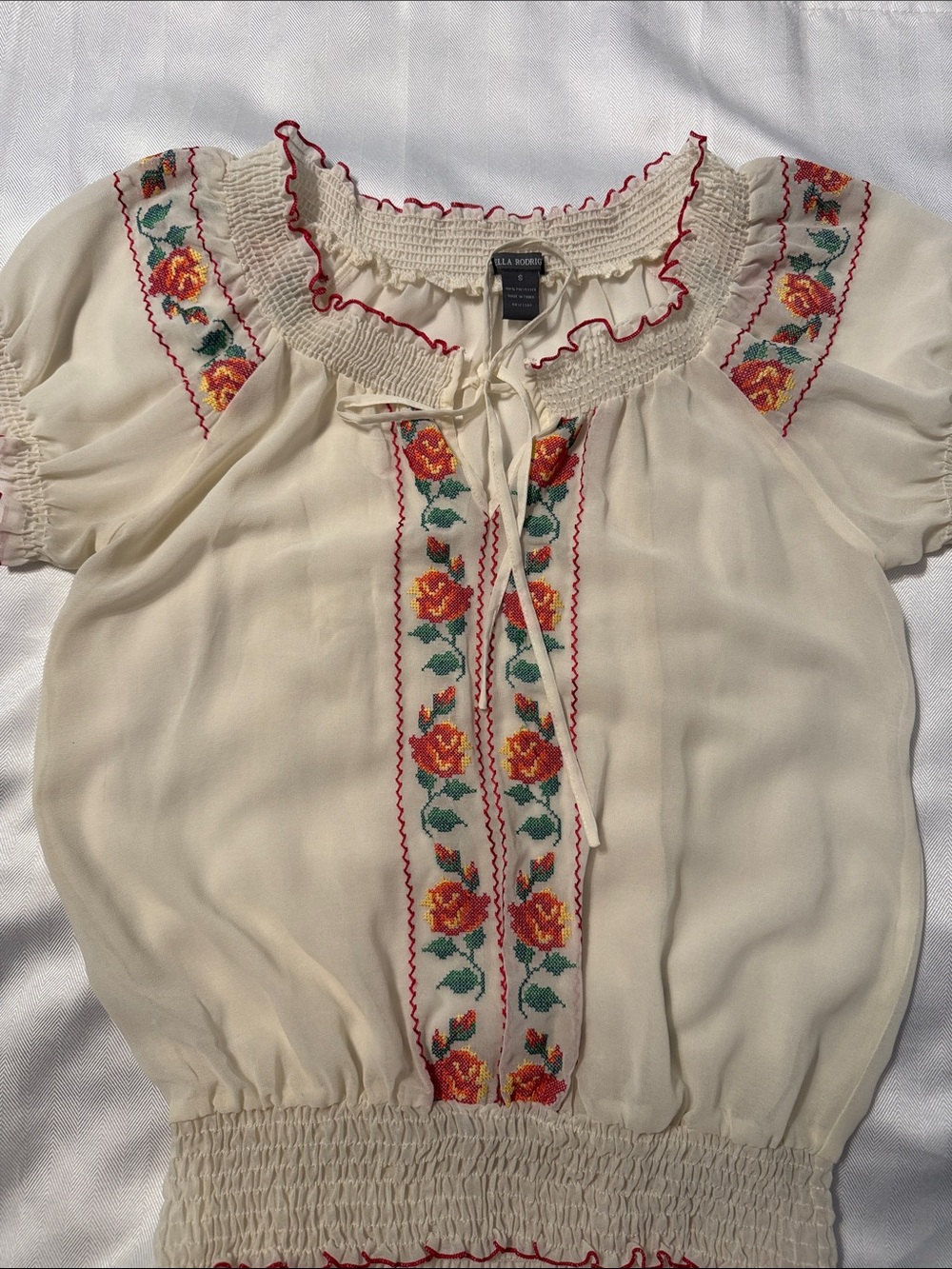 Isabella Rodriguez Cream Peasant Blouse with Red & Green Floral Embroidery